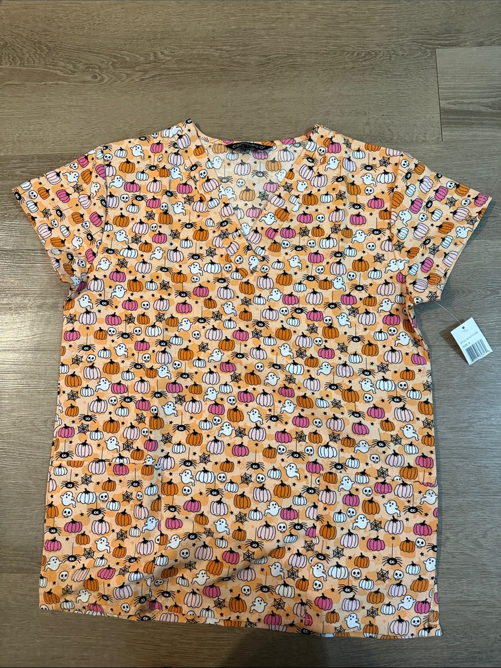 Women's Pumpkin Print V-Neck Scrub Top - Orange